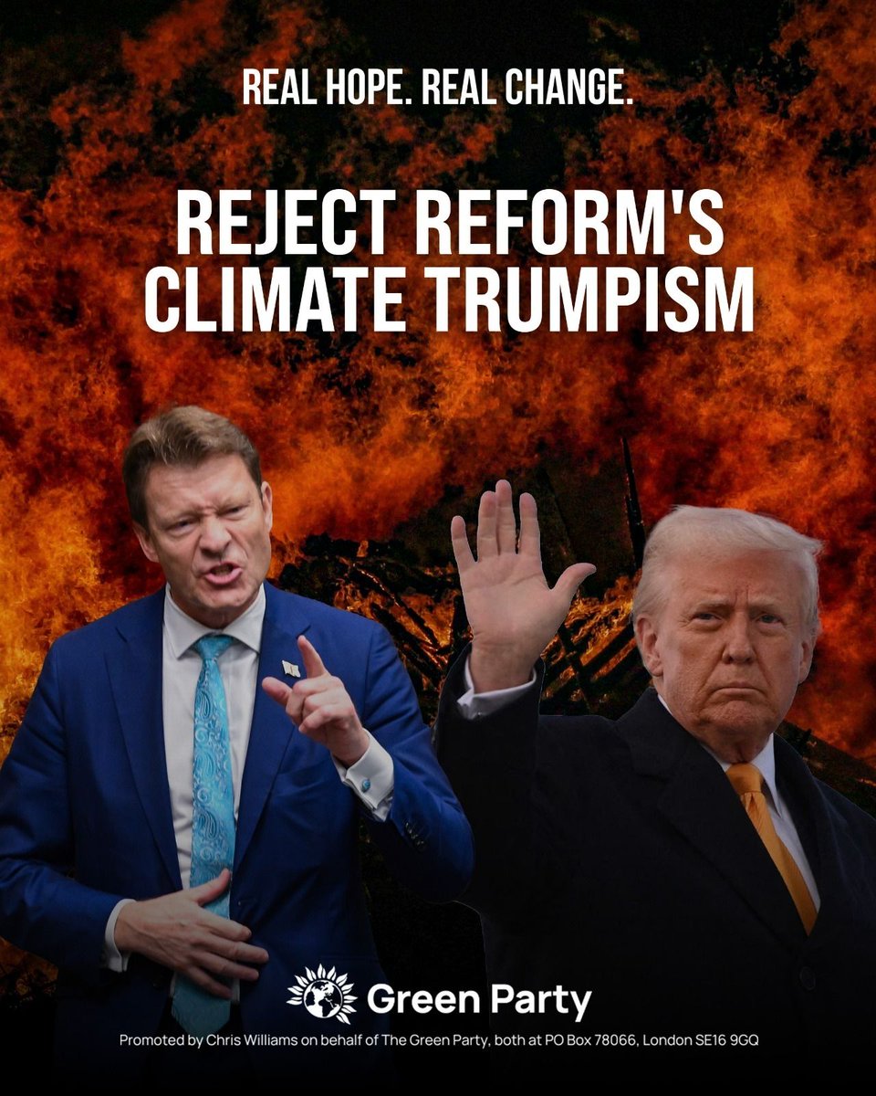 TheGreenParty's tweet image. Trump has withdrawn the US from global climate treaties.

Surprise, surprise his lapdogs in Reform want the UK to follow suit.

But the facts won't change: the world is getting hotter, and clean energy was 90% of new power in 2025.

Reform follow Trump; we'll follow the science.