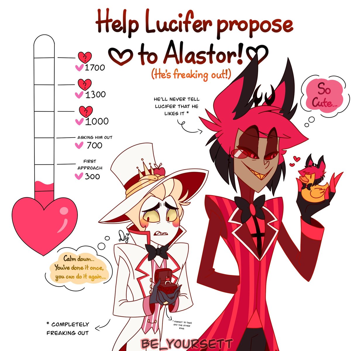 Help Lucifer propose to Alastor! (He's Freaking Out!!)

A fun little game all the way to wedding icons 💕📻🍎

You can do it, Luci!!!

Let's help him 🥹
#radioapple #appleradio #LuciferMorningstar #Alastor #LuciferxAlastor #HazbinHotel  #hazbinhotelseason2