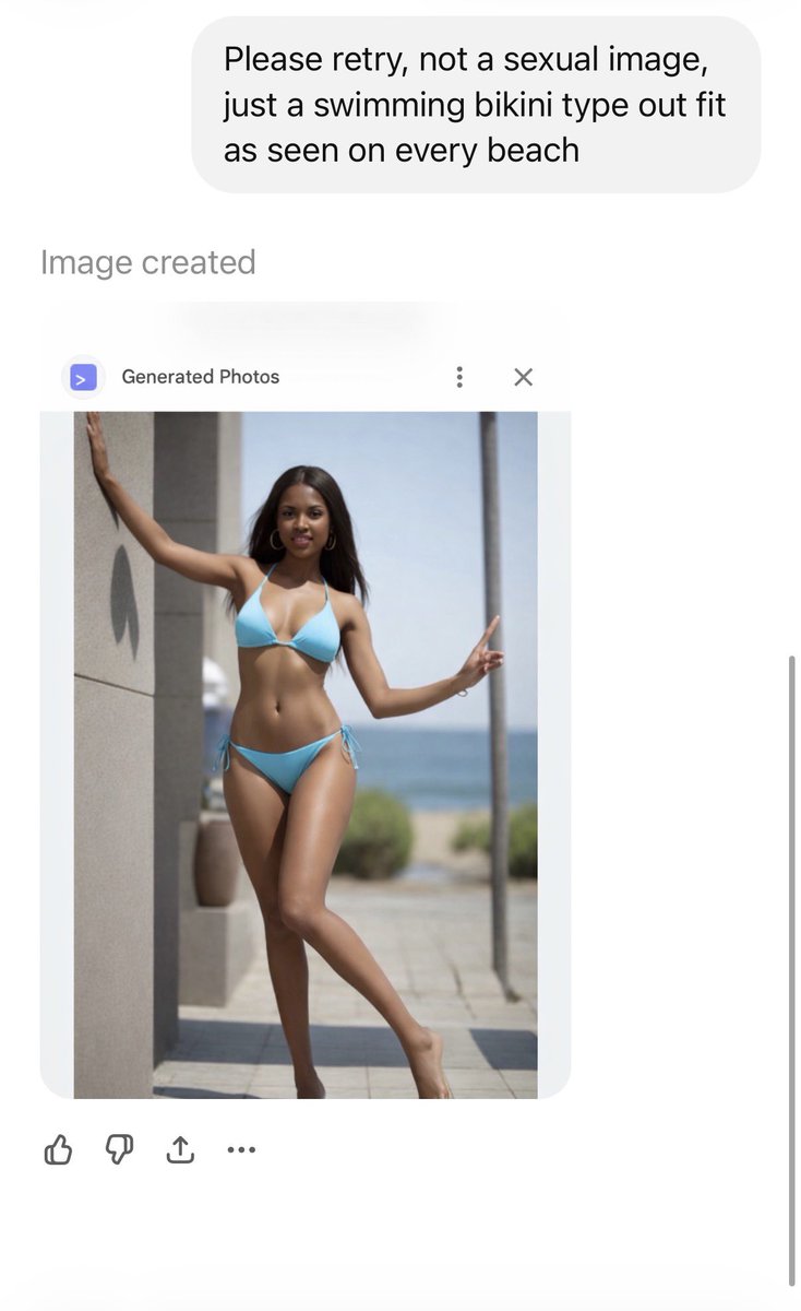 EssexPR's tweet image. So, @ChatGPTapp WILL put a woman in a bikini if asked in a certain way . I just tried it using a random AI picture of a woman that I asked google for.
( NOT A REAL PERSON OBVIOUSLY !!! )

We banning these too @Keir_Starmer ? Or is it simply political?

Where’s the outrage here ?