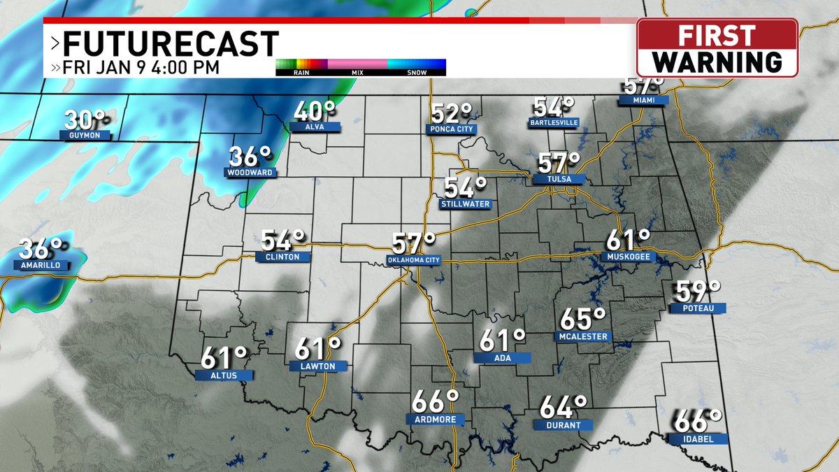 A Winter Weather Advisory has been issued for Harper County through 9:00PM. Rain/Snow is in the forecast for Northern Oklahoma today. A dusting to 1.5" of snowfall is possible in far northwest Oklahoma with a few slick spots, so be careful!
SNOW IN NORTHWESTERN OKLAHOMA TODAY