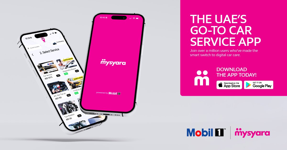 MySyara, the UAE’s trusted car service app with Mobil1 protection under the hood.

Download the MySyara app today from App Store/ Google Play Store or visit the website on: bit.ly/3BA8WoE

#MysyaraUAE #Mobil1UAE #AutoServiceApp #UAECarCulture #EngineProtection #Mobil1