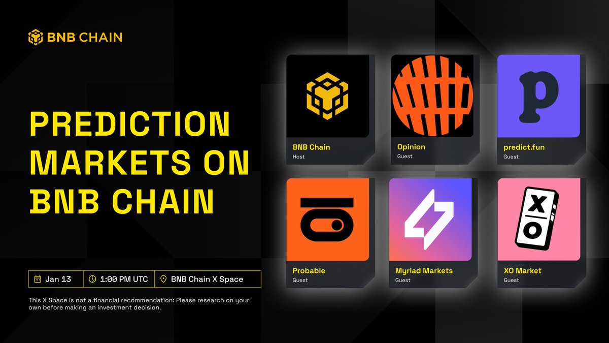 BNBCHAIN's tweet image. Prediction markets on BNB Chain are gaining real momentum 🔥

Join our X Spaces with @opinionlabsxyz, @predictdotfun, @0xProbable, @MyriadMarkets and @xodotmarket, on how users can get involved and where prediction markets are headed next.

🗓️ 13 Jan, 1PM UTC
🔗…