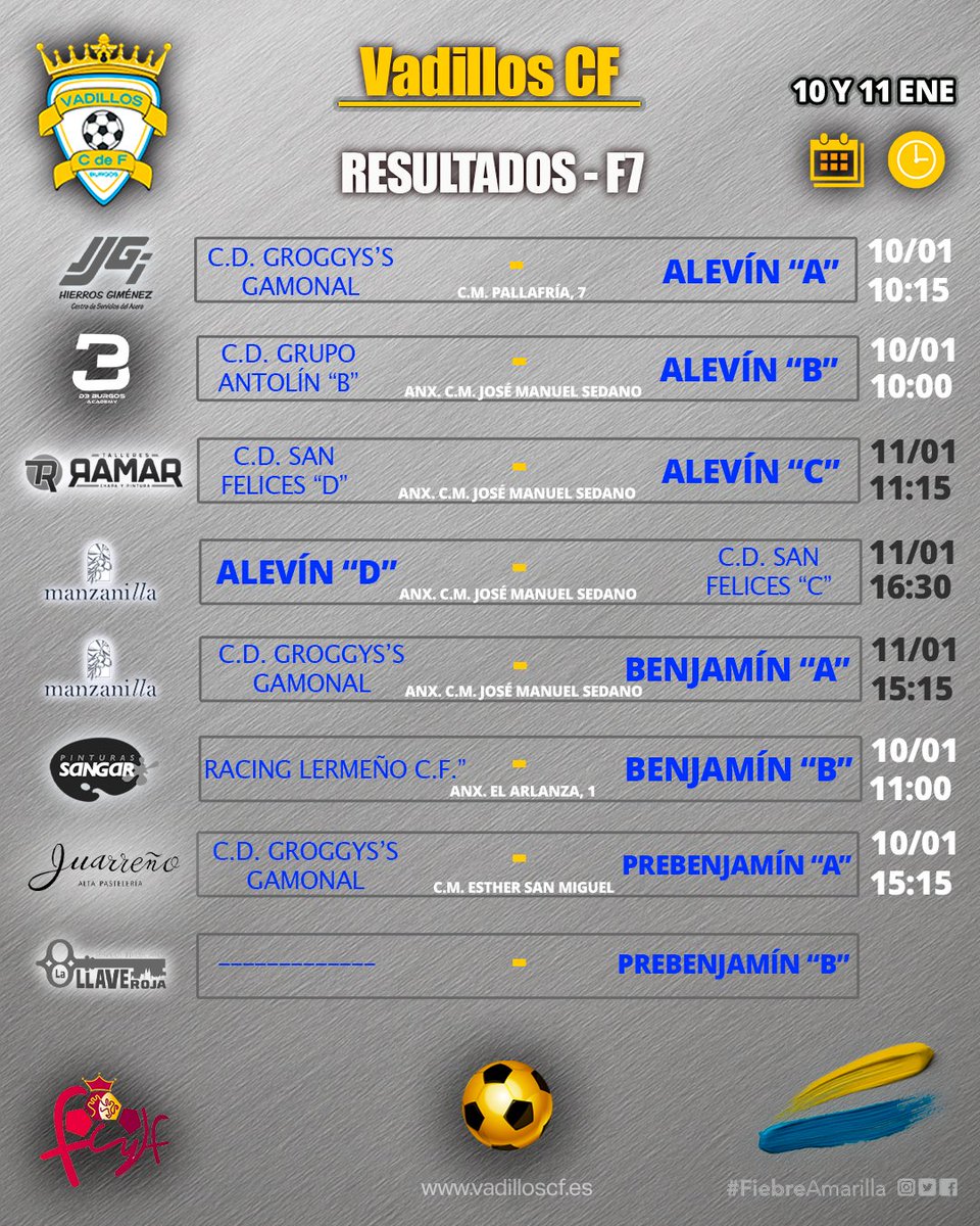 Tras las vacaciones navideñas, vuelve la competición para nuestros equipos ⚽
Consulta a continuación los horarios y campos de juego de este fin de semana.

¡Mucha suerte a todos! 💛💙

#FiebreAmarilla #FamiliaVadillista