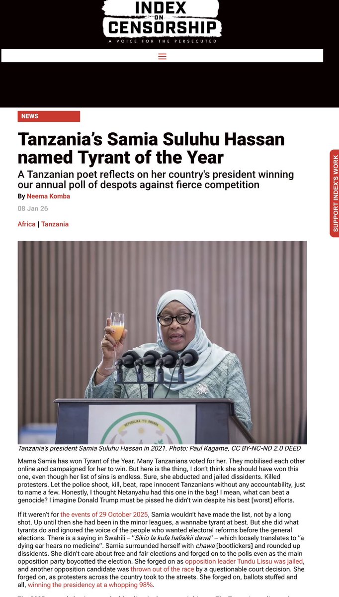 Hongera <a href="/SuluhuSamia/">Samia Suluhu</a> kwa tuzo hii ya Mdhalimu wa mwaka 2025! Kiongozi katili mwuaji umeshinda wanaume ulioshindana nao kwa ajili ya tuzo hii - umeibuka kidedea baada ya sisi #WenyeNchiWananchi kukupigia kura za kutosha kwa kusaidiana na majirani 🇰🇪
Very fitting title Tyrant of