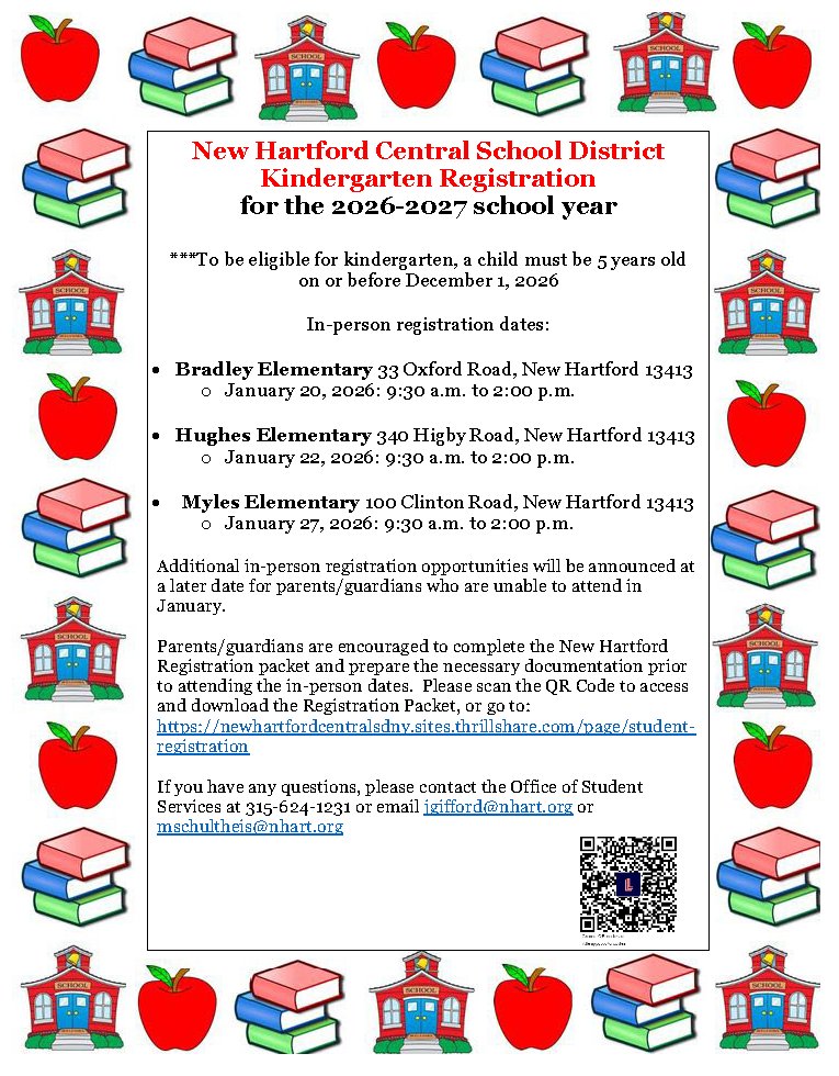 NHCSD's tweet image. New Hartford Central School District Kindergarten Registration psqr.io/iQW97ytbwP via @ParentSquare