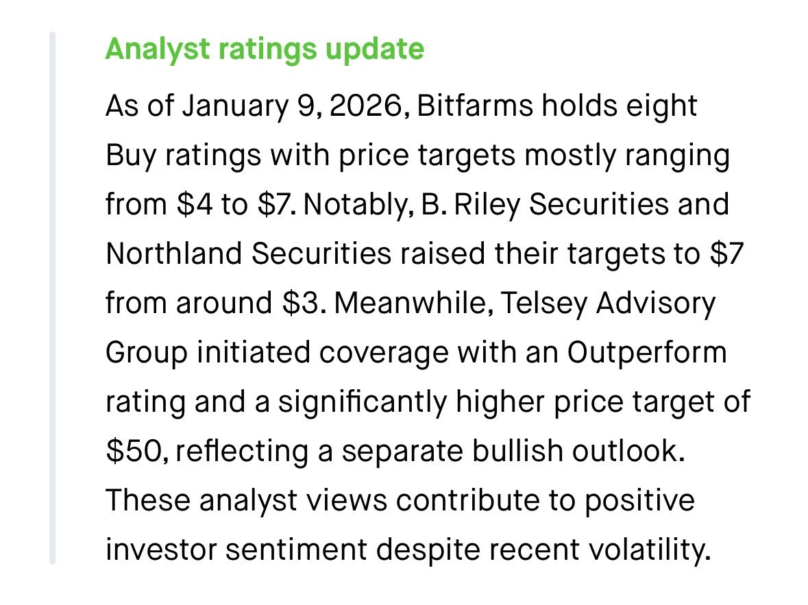 📊 $BITF analyst momentum building.

As of Jan 9, Bitfarms holds 8 Buy ratings, most targets sit between $4 and $7.

B. Riley &amp; Northland doubled down, both lifting to $7 from sub-$3.

But here’s the wild card,
Telsey Advisory just initiated with a $50 price target and Outperform