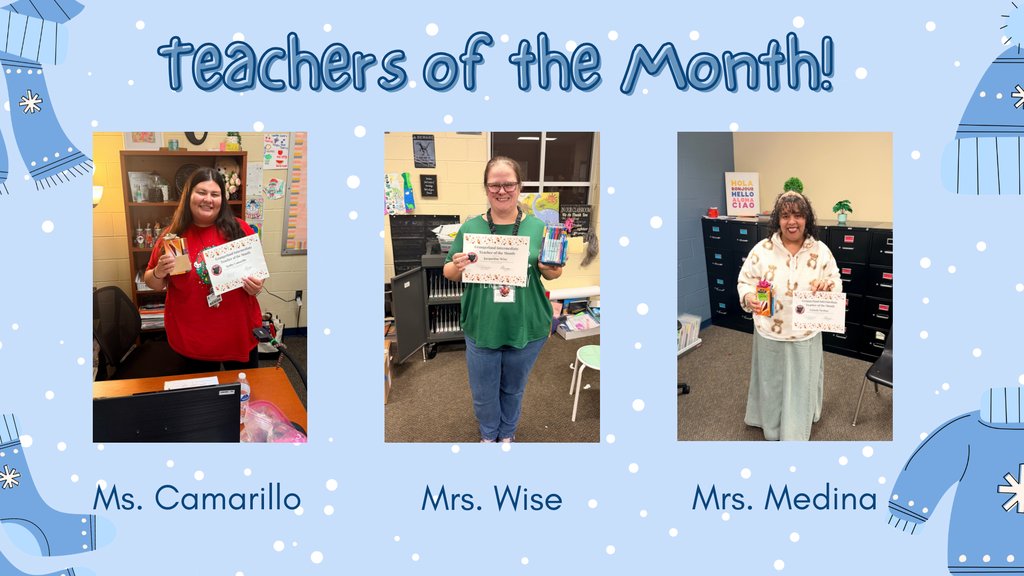Congratulations to our Teachers of the Month!
Ms. Camarillo, 5th grade Math
Mrs. Wise, 6th grade Science/SS
Mrs. Medina, ELA Instructional Coach
We are so lucky to have these hard working ladies at Grangerland!