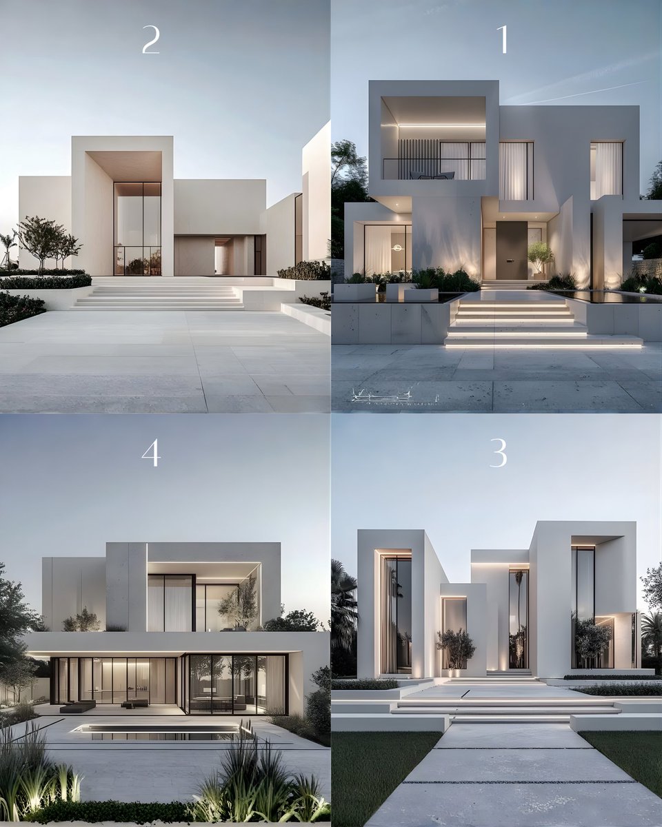 تصاميم واجهات متشابهة في الأساسيات :
دهان واحد، بدون تكسيات، وتوزيع إضاءة احترافي.

لكن وش الترتيب والتنسيق الأجمل للكتل بالنسبة لك✨؟