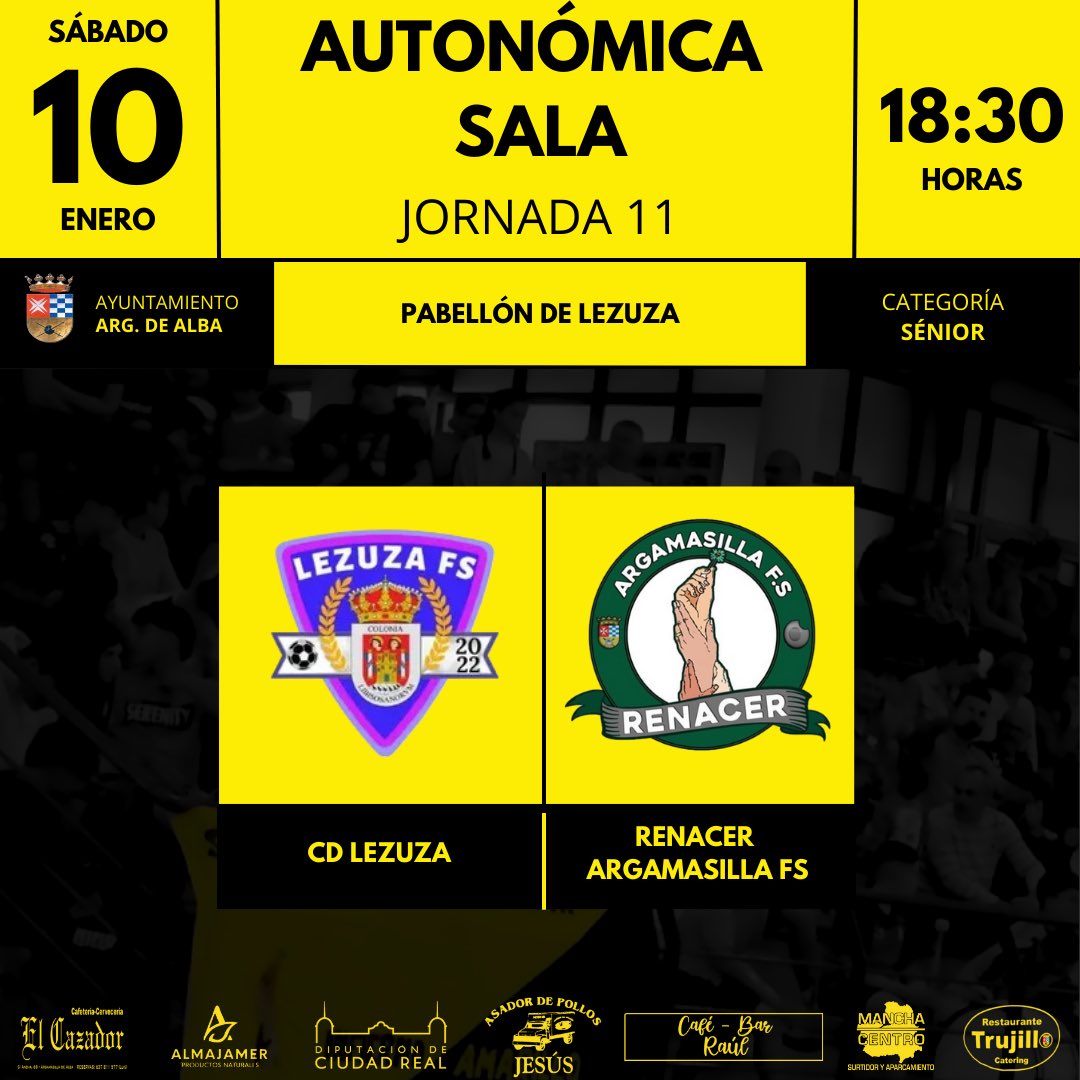 |SÉNIOR|

📅 Sábado 10/01
🏆 Primera Autonómica Sala, Jornada 11
🆚 CD Lezuza
📍Pabellón de Lezuza
🕑 18:30

Los nuestros quieren empezar el año con victoria y terminar con esta dinámica negativa de resultados.

#PasiónPorLoNuestro