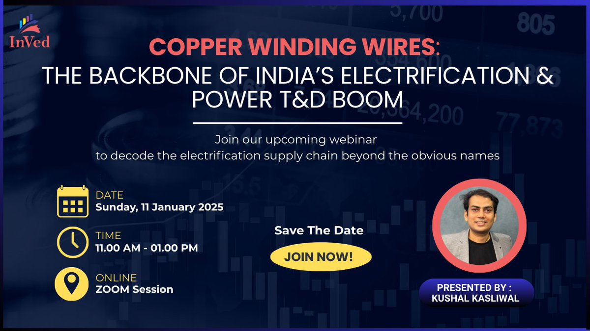 ⚡️Copper Winding Wires: The Backbone of India’s Electrification &amp; Power T&amp;D Boom.

Webinar Link: us06web.zoom.us/j/81510045358

💻Join our upcoming webinar to decode the electrification supply chain beyond the obvious names.

This session will focus on:
> Structural demand growth