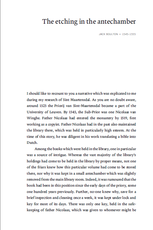 jackb_is_here's tweet photo. Out now: ‘The Etching in the Antechamber’, a short story set in Leuven 1545–1555. Part of ‘The Decademeron’, celebrating 600 years of KU Leuven. Here are the first couple of pages. https://t.co/SE1VjqxswB