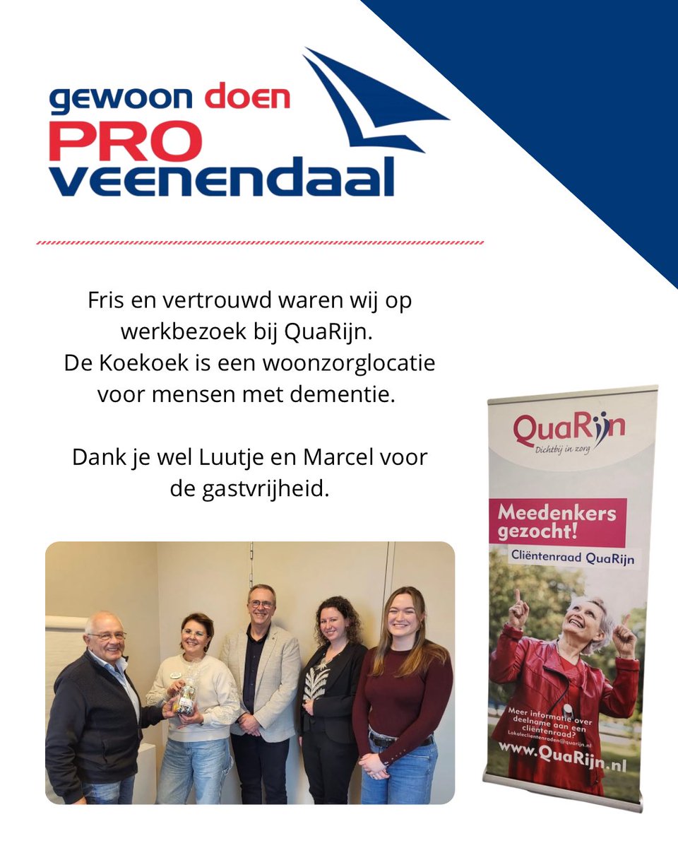 Dit werkbezoek heeft ons nogmaals laten zien dat medewerkers en vrijwilligers in de zorg een significant bijdrage leveren aan de levenskwaliteit van mensen. 

Wil je meer lezen over ons werkbezoek bij De Koekoek (QuaRijn) lees dan verder op onze website! 
pro-veenendaal.nl/2026/01/05/qua…