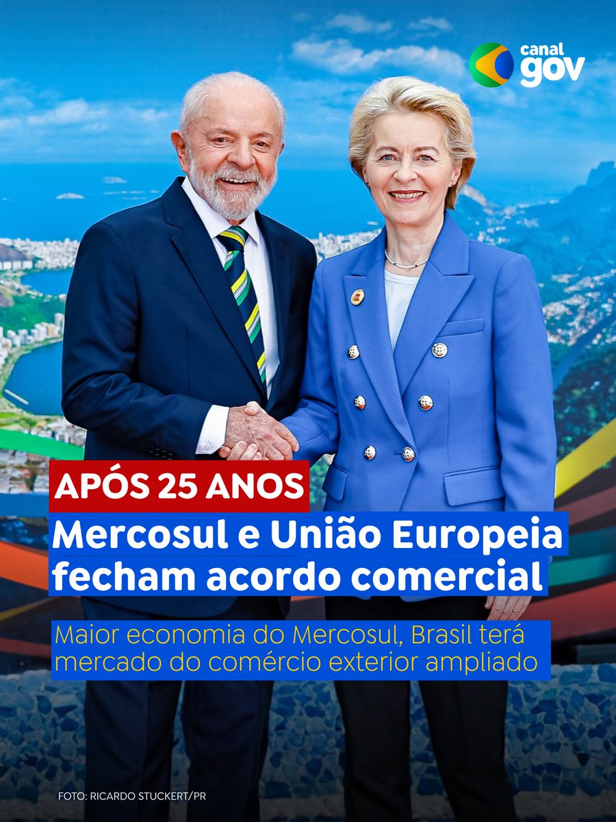 canalgov's tweet image. ACORDO HISTÓRICO ENTRE MERCOSUL E UNIÃO EUROPEIA | Os países da União Europeia aprovaram o acordo comercial com o @mercosur após 25 anos de negociações. O tratado teve a articulação do governo do Brasil e prevê reforçar o comércio exterior nacional.