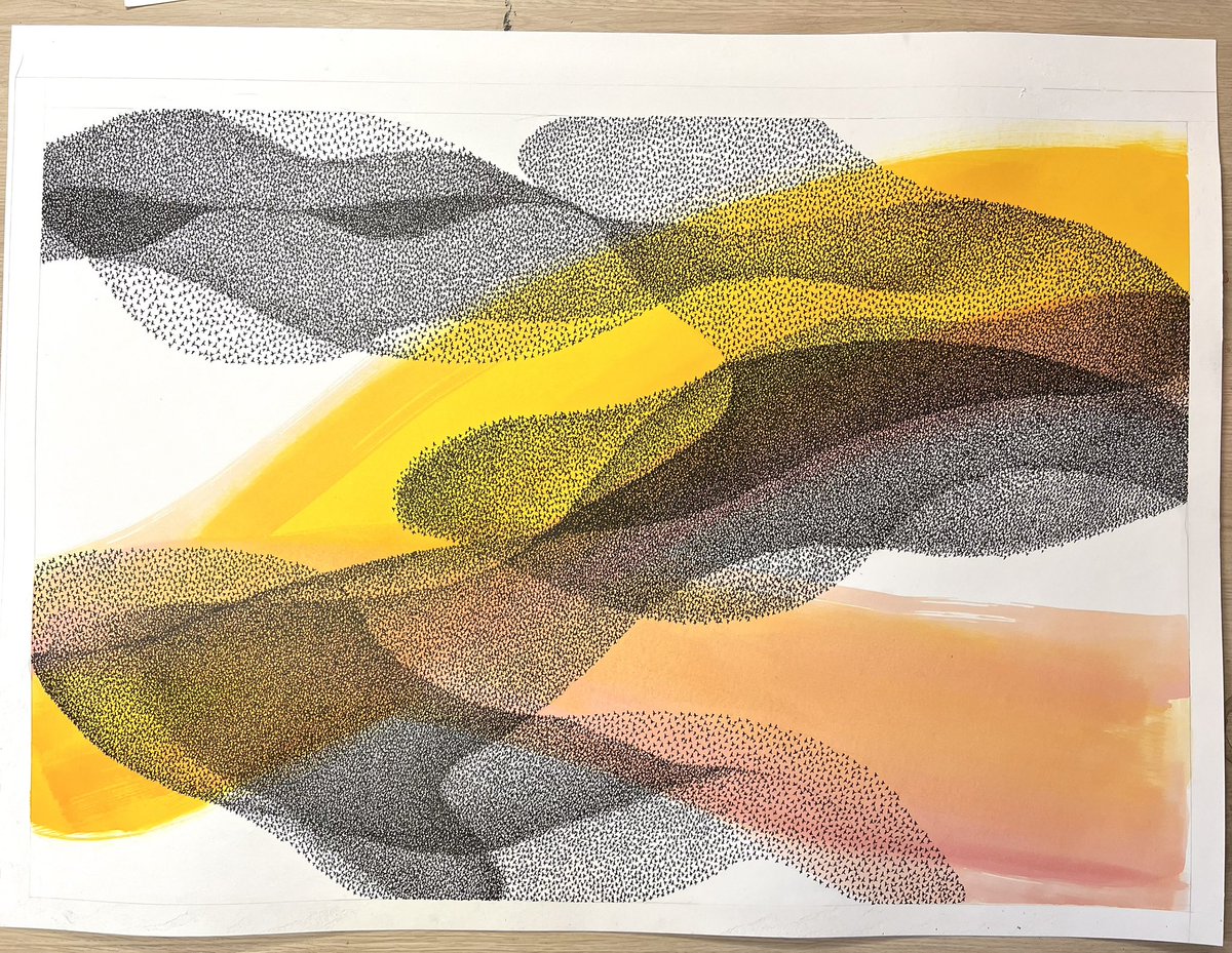 AtelierGeeraets's tweet image. Het is 9 januari 2026 en ik voltooide dit werk. Het is een zwerm en bestaat uit duizenden kleine vogeltjes. Wat vinden jullie ervan? 

‘Tussen de linies’
70 x 100 cm
Inkt en ecoline op papier 

Delen is lief