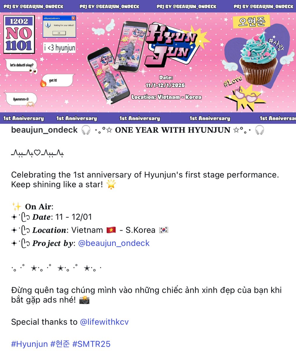 aquavinyls's tweet photo. a vietnamese fan prepared a special project to celebrate the anniversary of hyunjun's first stage performance! ✨

🔴 on air
date: january 11-12
location: vietnam 🇻🇳 - south korea 🇰🇷
project by: @beaujun_ondeck

make sure to tag them when you see the ads!

#HYUNJUN #���준 #SMTR25 https://t.co/b0E5mxLXMb