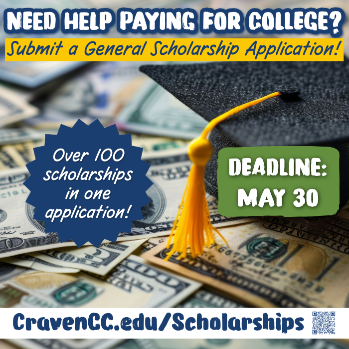 cravencc's tweet photo. If you need help paying for college, we've got you covered. 💸 Visit https://t.co/u5Fdv77ODU to apply for over 100 scholarships with just one application! https://t.co/qZynzKtIfn