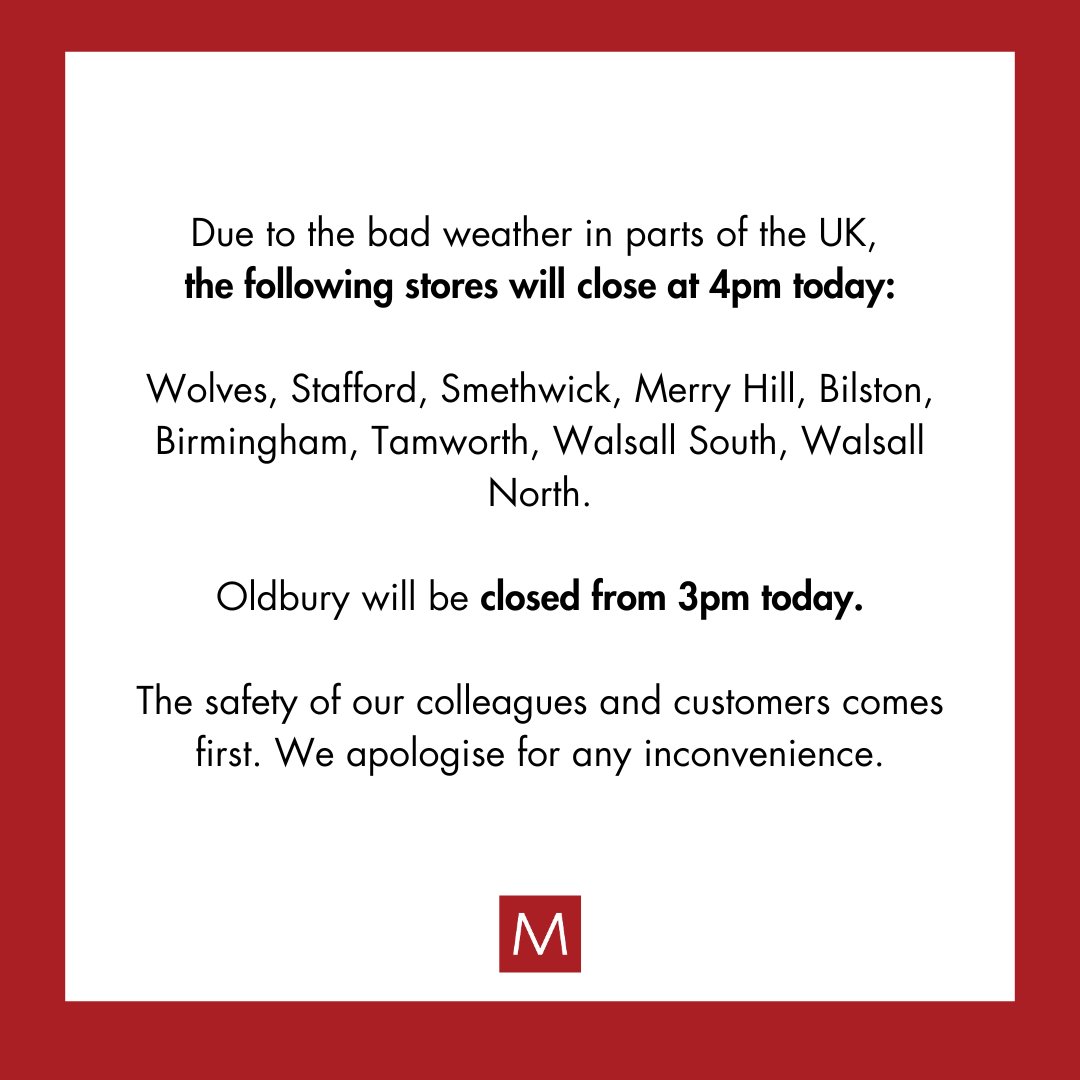 Matalan's tweet image. Please note: some of our stores will be closing earlier than usual today.