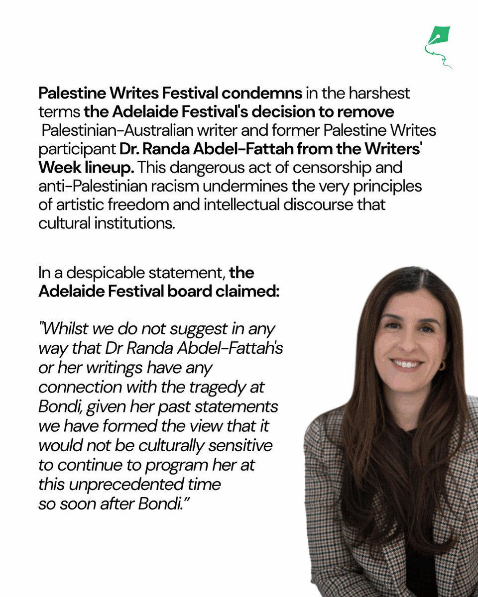 PalestineWrites's tweet image. Our full statement on the @adelaidefest's shameful submission to Zionist racism that aim to silence Palestinian voices.  We are pleased, however, to see that  their racist exclusion of @RandaAFattah is blowing up in their faces.