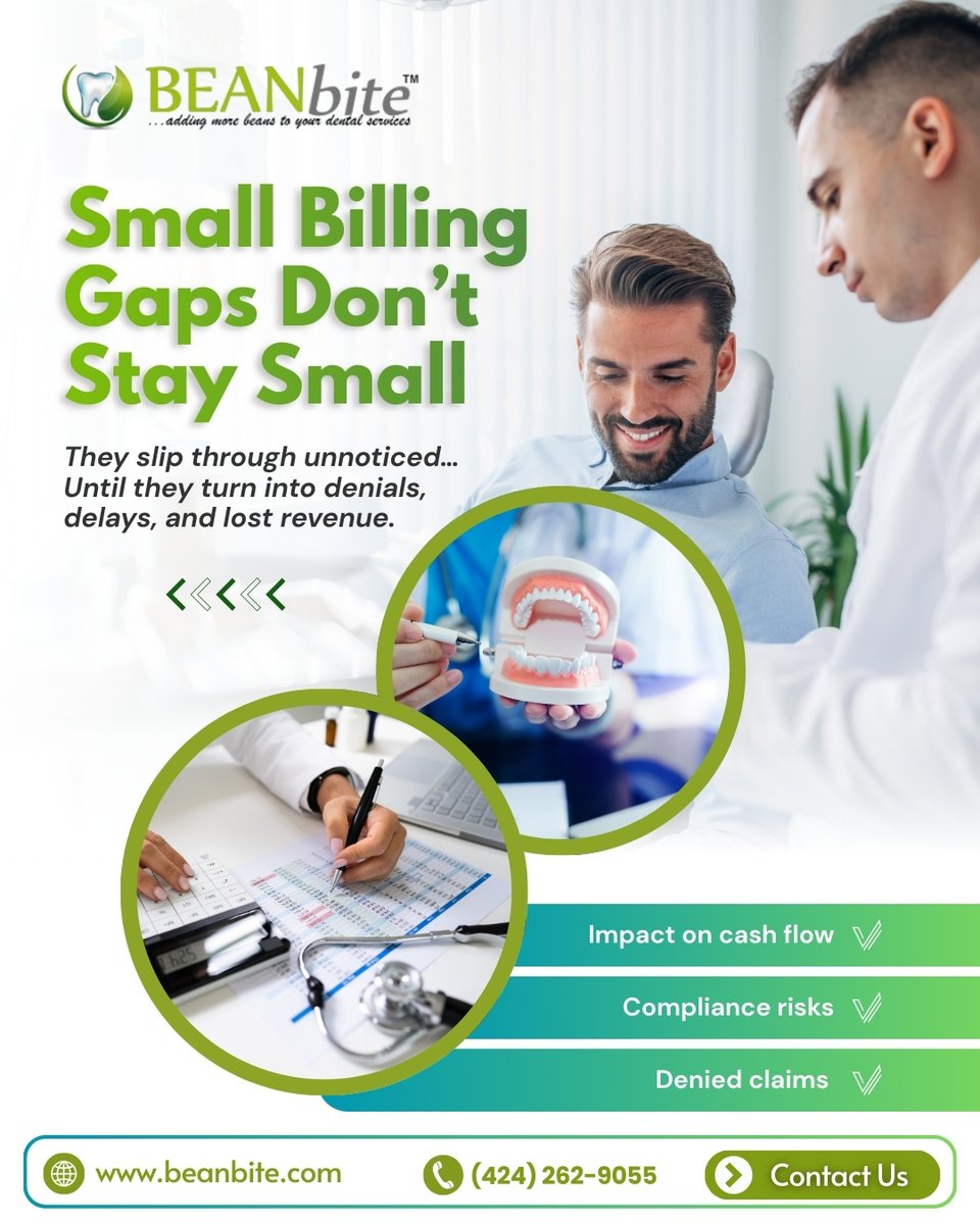 BEANbite's tweet image. Small billing gaps don’t stay small⚠️ They go unnoticed—until they cause denied claims, delayed payments, cash flow issues, and compliance risks. Protect your revenue today.📞(424) 262-9055🌐 beanbite.com
#DeniedClaims #CashFlow #DentalBilling #RevenueCycle #BEANbite