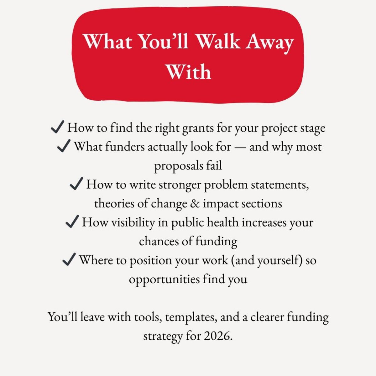 ✨ First Masterclass of 2026! 

 I can't wait to share my professional insights, practical tools, templates, and resources to land your first global opportunity + win grant funding.  

📌 Don’t miss out—register
bit.ly/GlobalHealth20…

#VisibilityMatters #FundingOpportunities