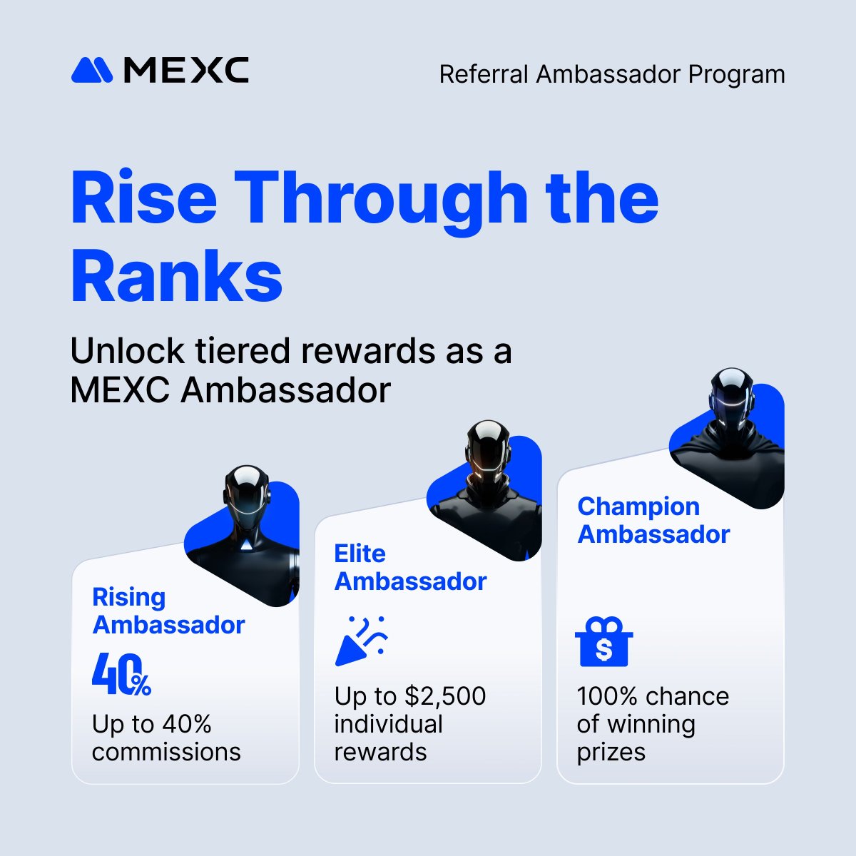 MEXC_Official's tweet image. 🏆 From Rising to Champion

Start as a Rising Ambassador and earn 40%
commission. Level up to unlock up to 2,500 USDT in
extra rewards and a guaranteed spin with a chance to win a Gold Bar.

👉 mexc.com/invite?utm_sou…
