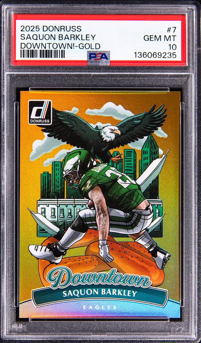 BIG SALE ALERT  This 2025 Panini Donruss Downtown! Gold Saquon Barkley  /10 (PSA 10) just sold for $14,030.