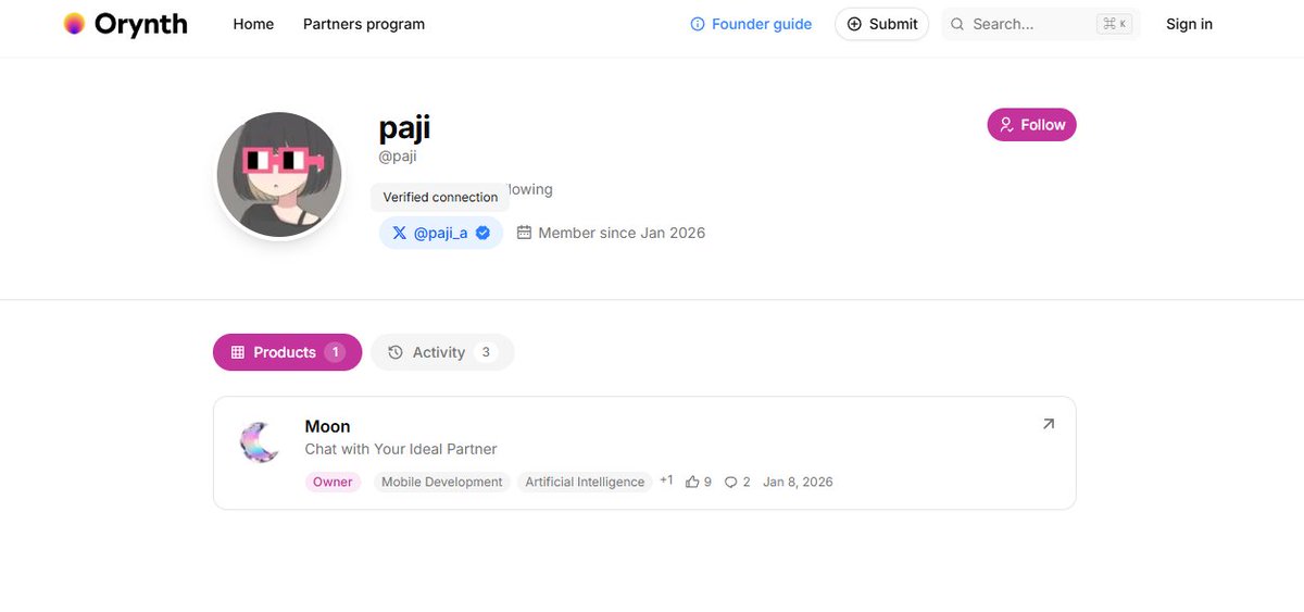 126YKzN6frzZxVPpDonWzBmqz9bHuXYcvNv6Ekz2wory
这个人是Tokyo Otaku Mode（日本超大动漫电商/潮玩公司）的联合创始人兼COO
发的一个聊天类AI女友/角色扮演app
这个台子很多弄技术的人都在上面发
30K 感觉还行
orynth.dev/projects/moon
