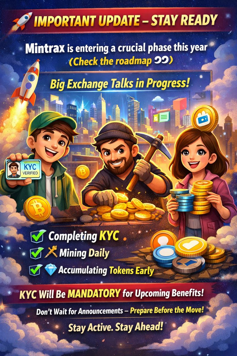 🚀 Important Update – Stay Ready
Mintrax is entering a crucial phase this year (check the roadmap 👀).
Discussions with multiple exchanges are already in progress, and good news is coming sooner than expected.
Smart users are already: ✅ Completing KYC
⛏️ Mining daily
💎