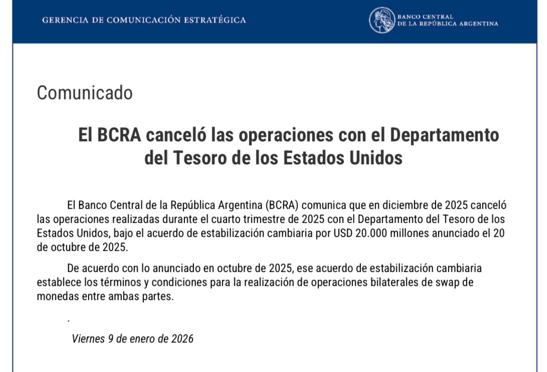 🚨🚨🚨 El BCRA canceló las operaciones con el Departamento del Tesoro de los Estados Unidos