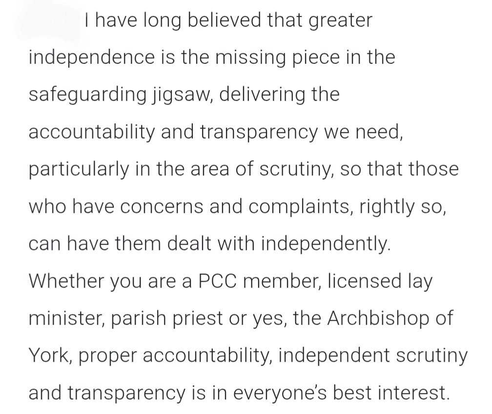 I must confess that as a Synod member I am struggling to reconcile these words from the Archbishop of York (to last February's General Synod) with him being able to adjudicate a complaint against one of his closest colleagues.

We can't just talk about the need for independence.