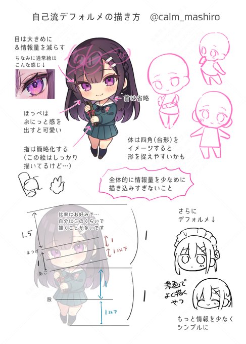 自己流デフォルメのコツ(?)を図にしました。説明が下手なので分かりづらい所があったらすみません。
描き方は人それぞれなのであくまで参考程度に…
https://t.co/M7OI5khlXw 