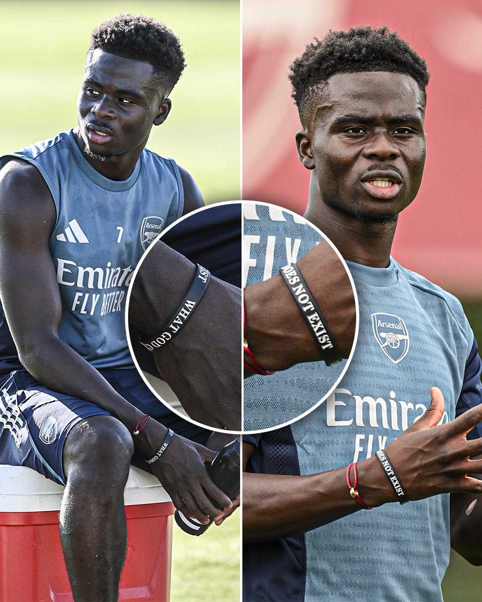 ESPNUK's tweet image. When Bukayo Saka was wearing a wristband in Arsenal training that reads "What God cannot do does not exist" 🙏