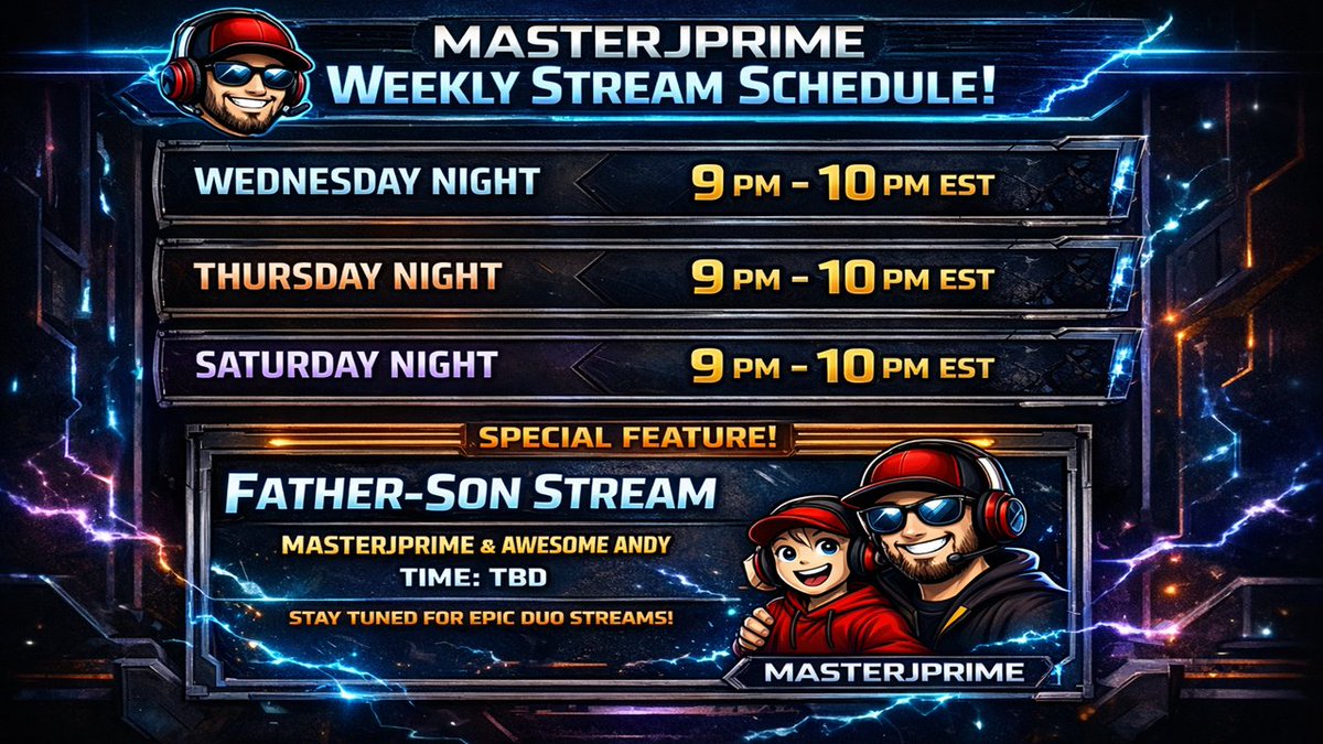 TheMasterJPrime's tweet image. 🎮 New Stream Schedule Drop! ⚡
The grind’s officially locked in, squad — here’s when the chaos goes live!
🗓 Wednesday Nights — Weird Game Wednesday!
🔥 Thursday Nights — Retro Rewind!
🌙 Saturday Nights — Retro Arcade Challenges!
👨‍👦 Special Feature: Father-Son Stream w/ Awesome…