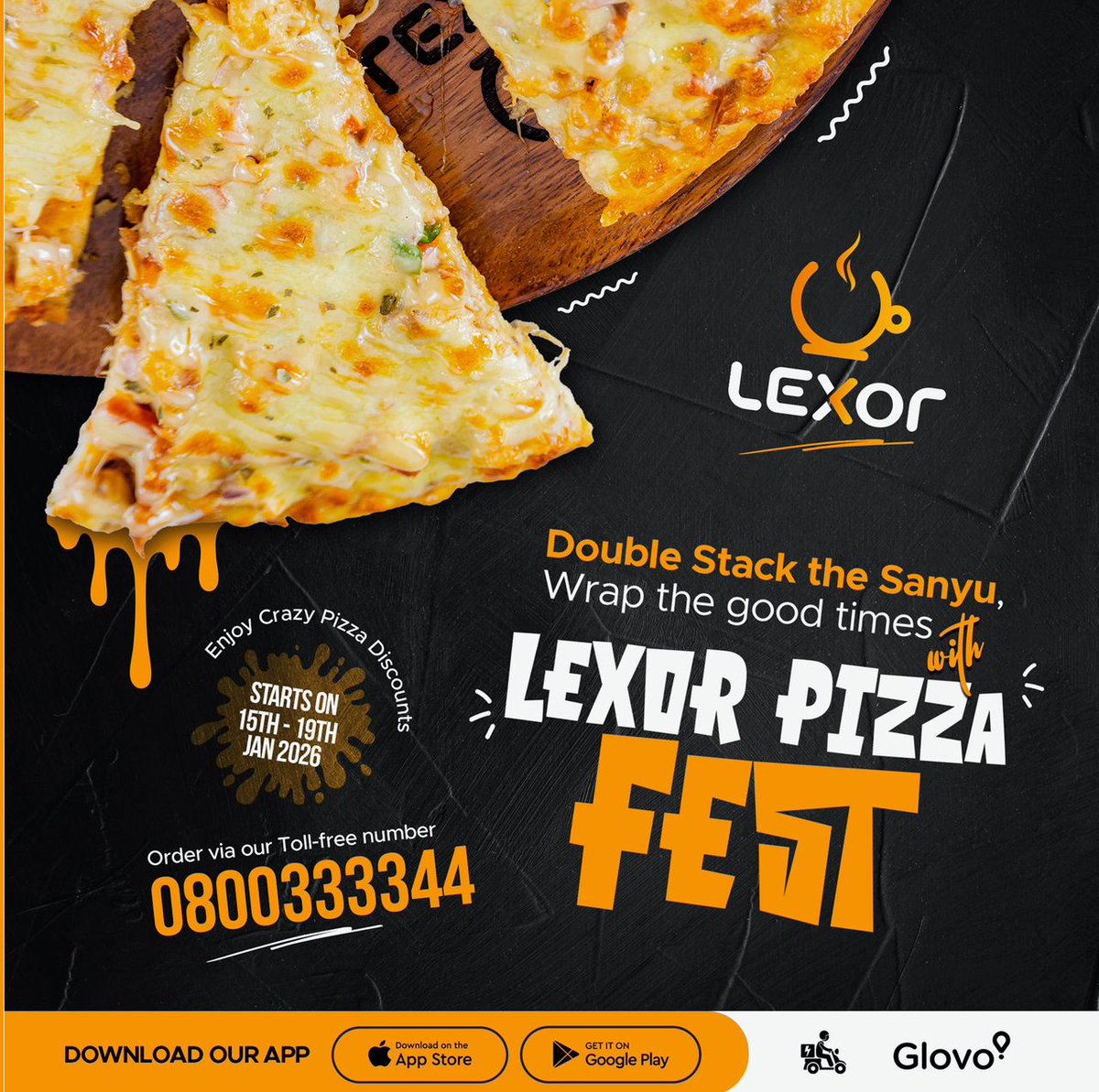 lexor_Cafe's tweet photo. Mark your calendars, banange! 📅🍕 Lexor Pizza Fest: 15–17 Jan with Buy One Get One &amp; epic vibes on World Pizza Day! Stack the Ssanyu, Wrap the Vibes! Meanwhile, craving pizza? Order now – we’re ready! Call toll-free: 0800333344📲 https://t.co/UcwsZdLDVr