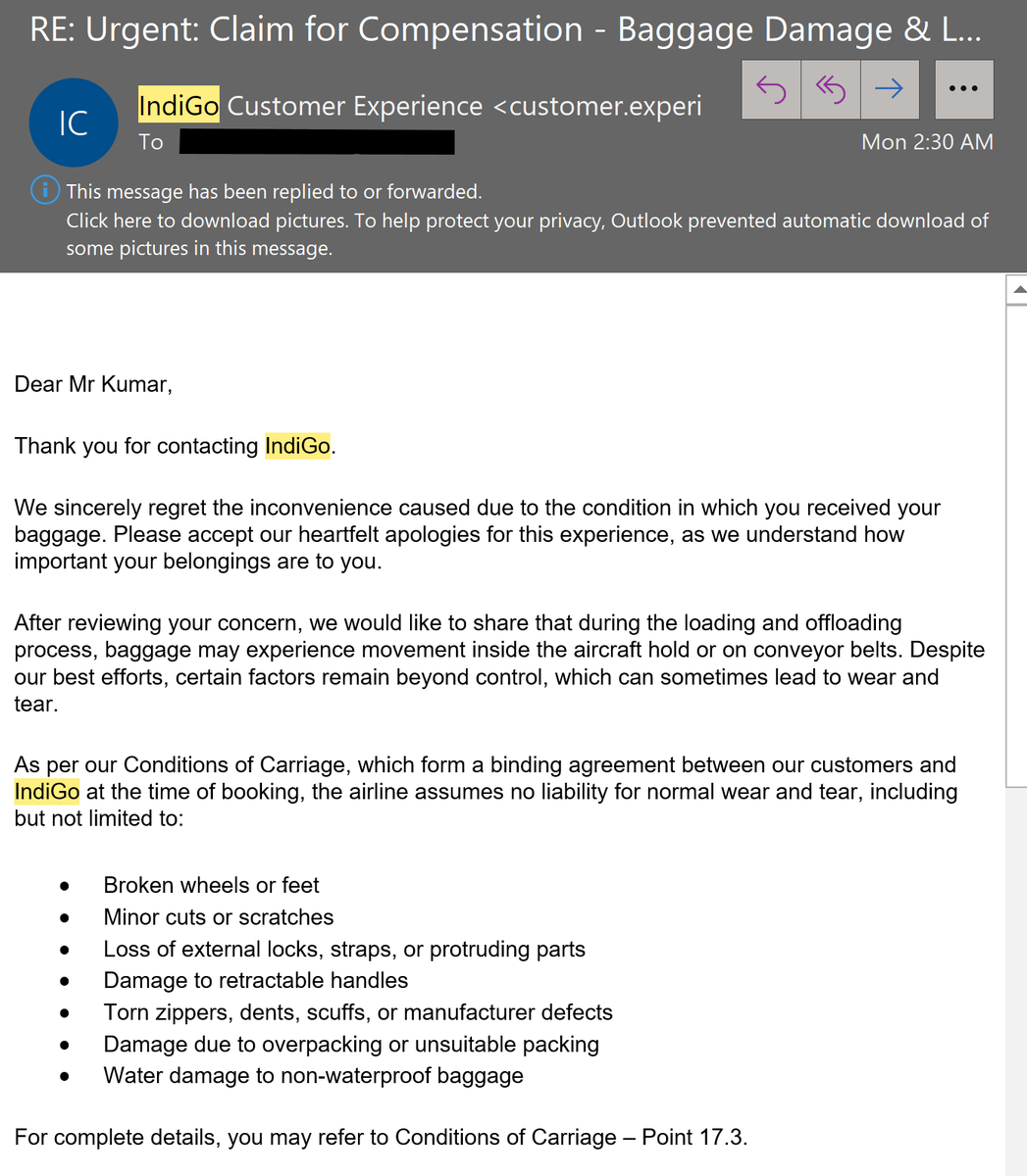 meisshaily's tweet photo. Flew @IndiGo6E Flight 6E 1063 to Bangkok.
Received my suitcase torn apart, contents exposed, wrapped in plastic to hide the damage.
What’s worse?
👉 No staff at baggage counter for over an hour
👉 Lost items inside the bag
👉 Airline keeps replying with the same copy-paste “wear & tear” email

This is NOT wear & tear. This is gross mishandling + denial of accountability.
Posting photos + their repeated templated response below.
Is this how India’s largest airline treats international passengers?
@DGCAIndia @MoCA_GoI #IndiGo
@AAI_Official #AirlineAccountability #ConsumerRights