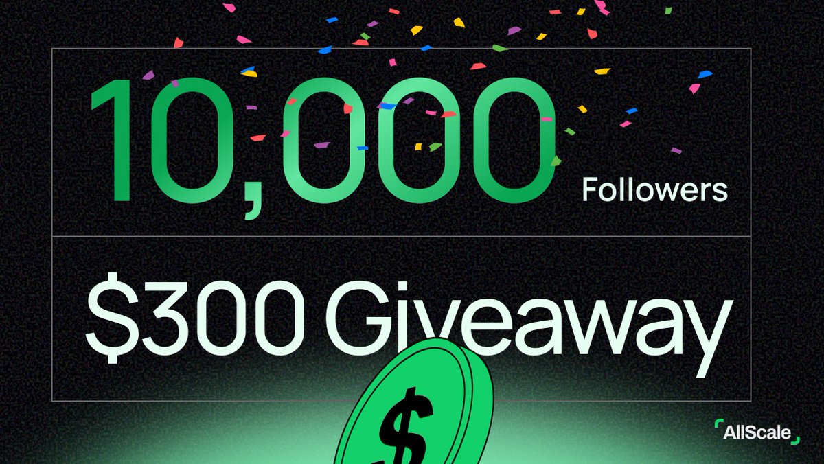 allscaleio's tweet image. We just crossed 10K followers.

To celebrate our growing community, we’re opening up a $300 USDT pool for our early supporters 🎁

Rewards:
💰 20 winners x $10 USDT (raffle)
🥇 10 winners x $10 USDT (best qt)

Enter:
- follow @allscaleio
- like &amp;amp; rt
- qt answering: "Which…