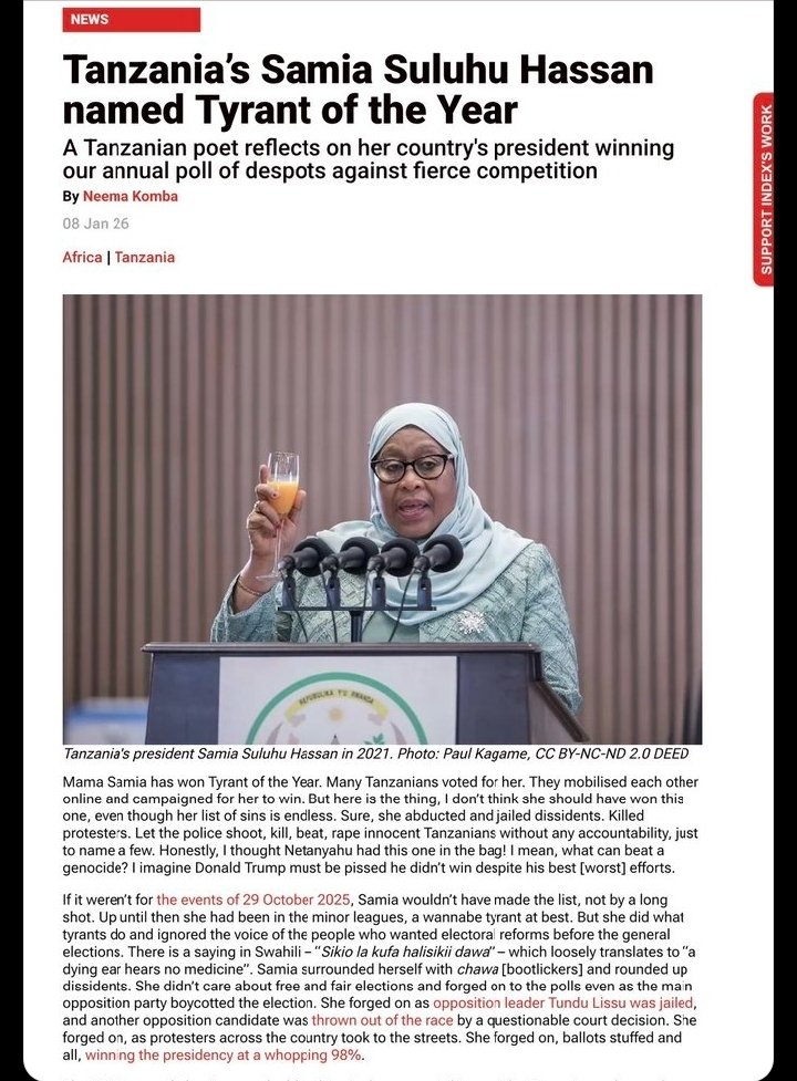 JohnNgutiCDM's tweet photo. Ni rasmi, Samia Suluhu Hassan ameshinda tuzo ya Raisi katili wa Dunia kwenye tuzo ya INDEX ON CENSORSHIP iliyoweka orodha ya maraisi katili zaidi Duniani ambapo Samia ameshinda tuzo hiyo. https://t.co/BIjX6xODDK