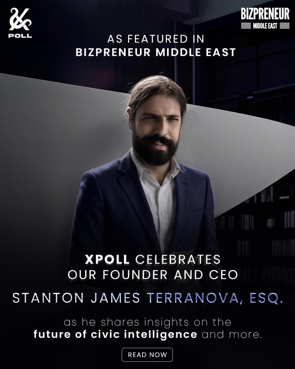 xpollplatform's tweet photo. Proud moment for XPOLL.

Our Founder & CEO Stanton James Terranova has been featured in Bizpreneur Middle East, sharing his perspective on the future of civic intelligence, Web3 governance, and the rise of truly people-powered systems.

The feature explores the vision behind XPOLL, the role of AI and blockchain in shaping civic engagement, and how decentralized platforms can give communities a stronger, more meaningful voice in decision-making.

This recognition reflects the mission we’re building toward—technology that listens, empowers, and rewards participation.

This is just the beginning.
🔗 Read the full feature https://t.co/rSOm5h5sQ5 

#XPOLL #BizpreneurMiddleEast #FounderSpotlight #CivicIntelligence #Web3Leadership #DecentralizedFuture #TechForPeople