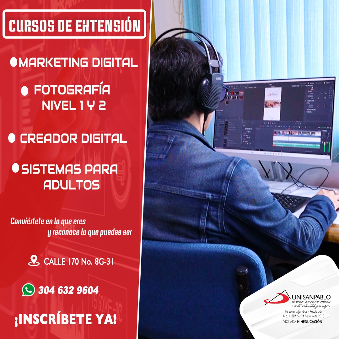 📷Inscripciones abiertas📷
Nuevas carreras profesionales: Ingeniería de Multimedia  y Diseño y Producción de contenidos.
Inscripciones abiertas: wa.me/message/7WL3U5…

#UNISANPABLO #unipaulinos #MarketingDigital #cursospresenciales #nortebogota #creadordigital #bogotanos