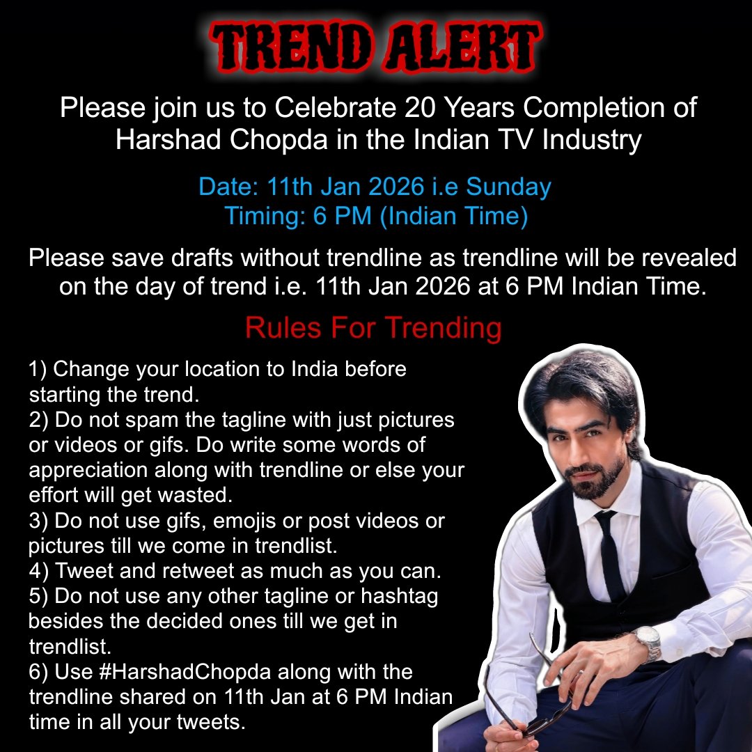 ManishaMaji8's tweet photo. #HarshadChopda TREND ALERT .... announcement 🥳
Harshad is completing 20 Years in ITV so plz join on 11th Jan at 6 PM Indian Time. Plz spread the news and share poster everywhere. Plz save drafts  😊 Read the poster for details 😎 
Ps -"Tagline will be reveal on trending day " https://t.co/t00ECzfuNo