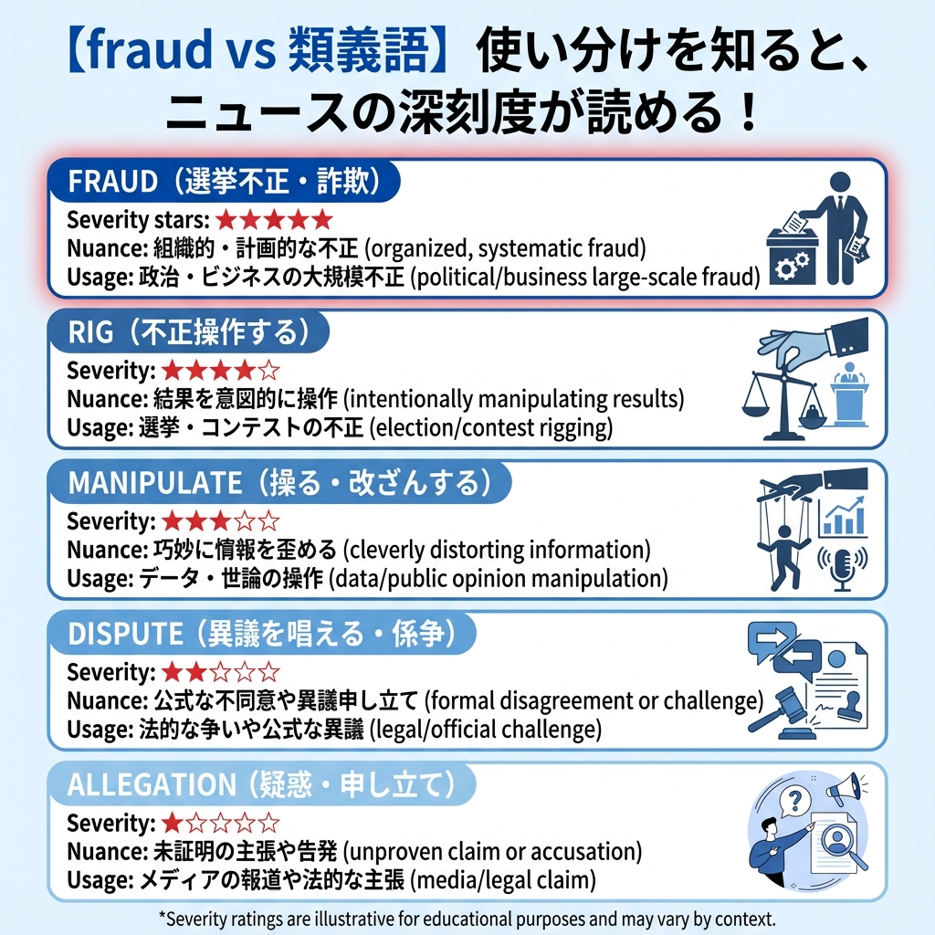 英語ニュースを読めるようになりたい人の必修 「不正」にまつわる英単語って 実は全部ちがう意味で深刻度も違う ✓fraudは「組織的不正」  ✓rigは「結果の操作」 ✓manipulateは「情報誘導」 ニュースの温度感がわかる5語の使い分け、図解でまとめた👇