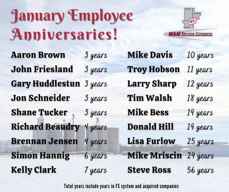 This month marks a work anniversary for these employees at M&amp;M Service!
Their commitment and steady leadership over the years have helped drive our success. We appreciate their dedication and are thankful to have them as part of the M&amp;M Service team.