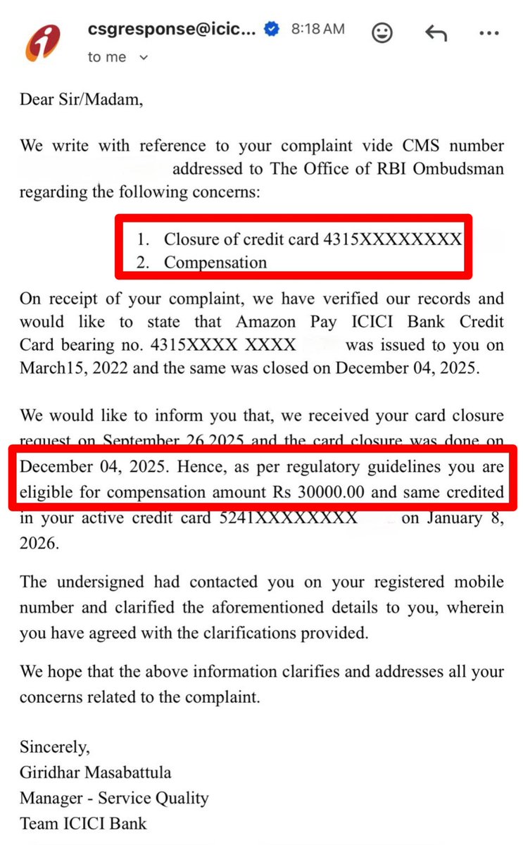 Huge Win for @Prithiviraj_k7 💥👏 ICICI Paid ₹30000 for delay in Card  Closure 🥳🤑 Like ❤️ n Repost ♻️ if useful #CreditCard #CCgeek #Card  #Closure #Delay #Penalty