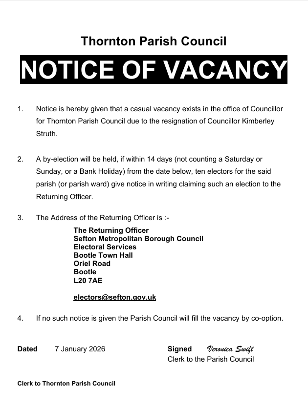 ThorntonCouncil's tweet photo. Opportunity to Serve Your Community – Councillor Vacancy. Drop a request for an application form to clerk@thornton-pc.gov.uk. https://t.co/weyyQZGyCe