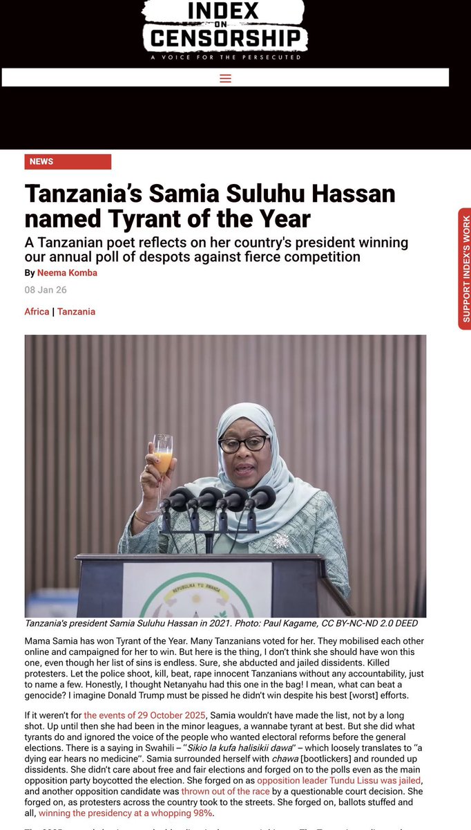 Hatimaye Nduli Idd Amin Mama <a href="/SuluhuSamia/">Samia Suluhu</a> ameshinda tuzo ya Kiongozi Mdhalimu, Katili muuaji wa Mwaka 2025.

Nduli Idd Amin Mama amewashinda wanaume wote kwenye category hii, Mungu awabariki sana Watanzania wote mliompiga kura za kutosha.

Tutaenda Airport kupokea Tuzo then
