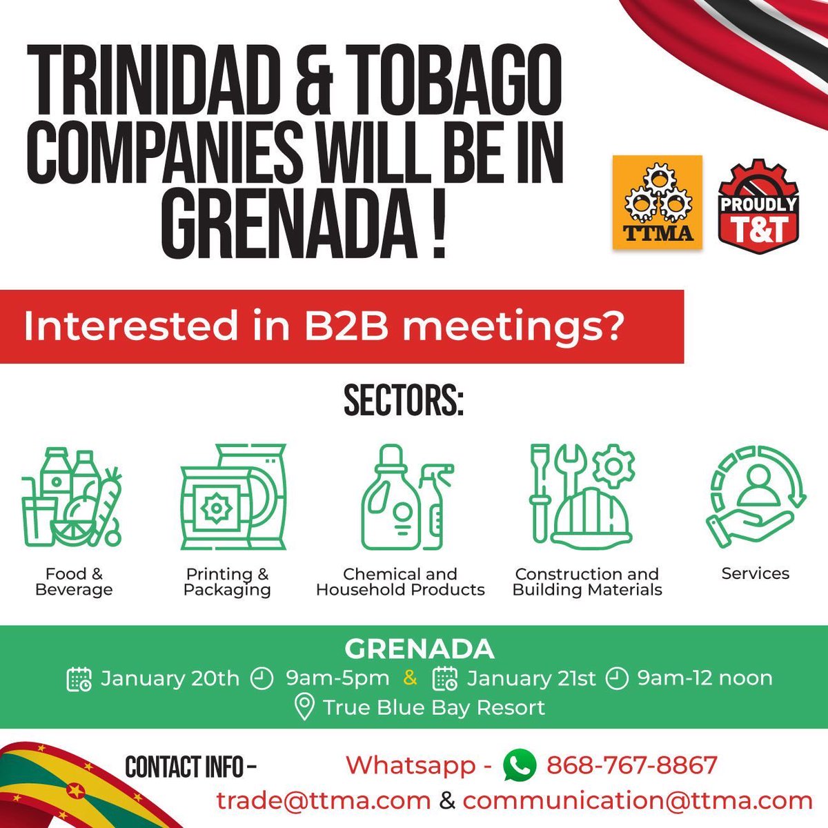 From Trinidad &amp; Tobago to Grenada let’s talk trade 🇹🇹➡️🇬🇩

T&amp;T companies are ready to connect, collaborate, and create regional partnerships through focused B2B meetings across food &amp; beverage, manufacturing, construction, services, and more.