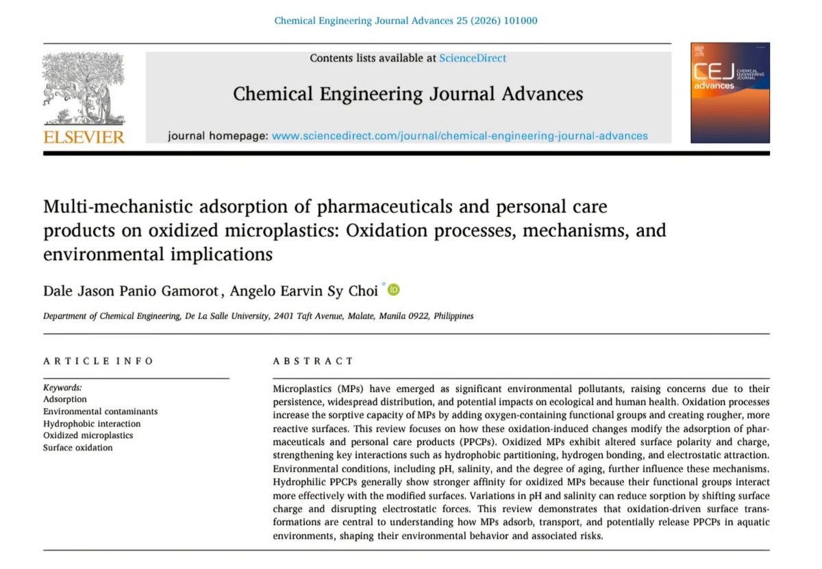 angelo_earvin's tweet photo. Marking a good start to 2026 with the publication of our latest research paper in Chemical Engineering Journal Advances (I.F.: 7.1; Q1; Scopus 91%). To God be the glory. 

See paper: https://t.co/UG15Ekt7QQ  #EnvironmentalEngineering #Research #Publication #AcademicExcellence https://t.co/TB1H03b6gK