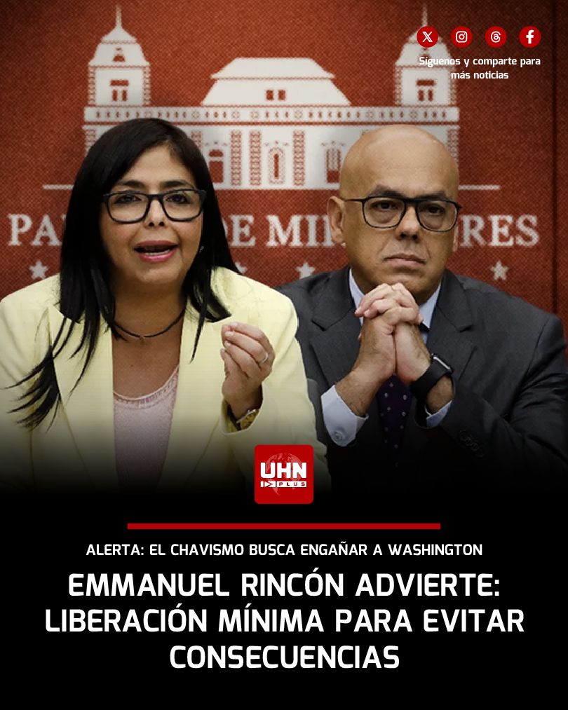 UHN_Plus's tweet image. 🇻🇪🇺🇸‼️ | ATENCIÓN — El escritor y analista venezolano Emmanuel Rincón alerta que el chavismo intenta engañar a Donald Trump y a Marco Rubio tras anunciar una supuesta liberación masiva de presos políticos. Denuncia que solo 8 personas han sido excarceladas —menos del 1%—,…