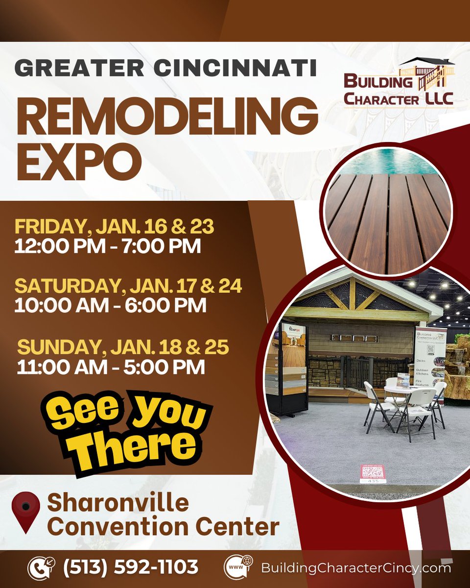 Rodrigu_julia0's tweet image. Come meet our team, explore fresh design ideas, and discover how we can bring your dream project to life.

#GreaterCincinnatiRemodelingExpo #BuildingCharacterLLC #HomeRemodeling #CincinnatiEvents #SharonvilleConventionCenter #RenovationIdeas #DeckBuilders #HomeImprovement