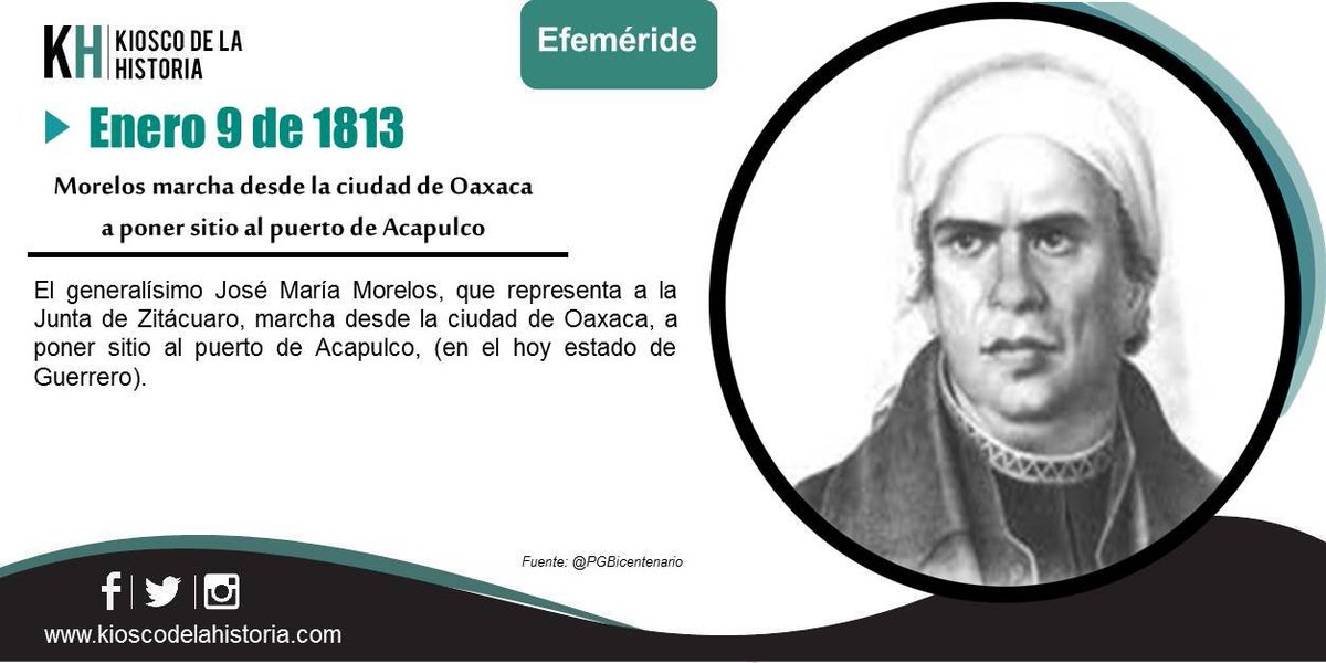 El #9deEnero de 1813 Morelos marcha desde la ciudad de Oaxaca a poner sitio al puerto de Acapulco.
Más y otras #Efemerides 👇
kioscodelahistoria.com/9-enero